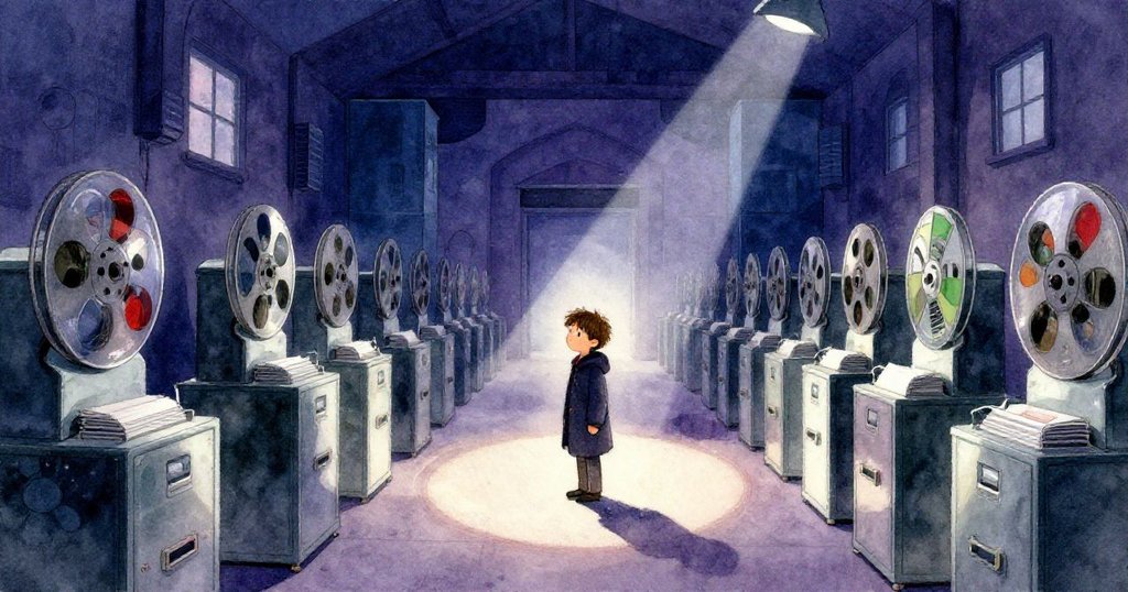 Milo 立於無限排列的檔案機前，幾何結構奇幻交織，光影戲劇化呈現，他滿懷疑惑細看神秘影像。