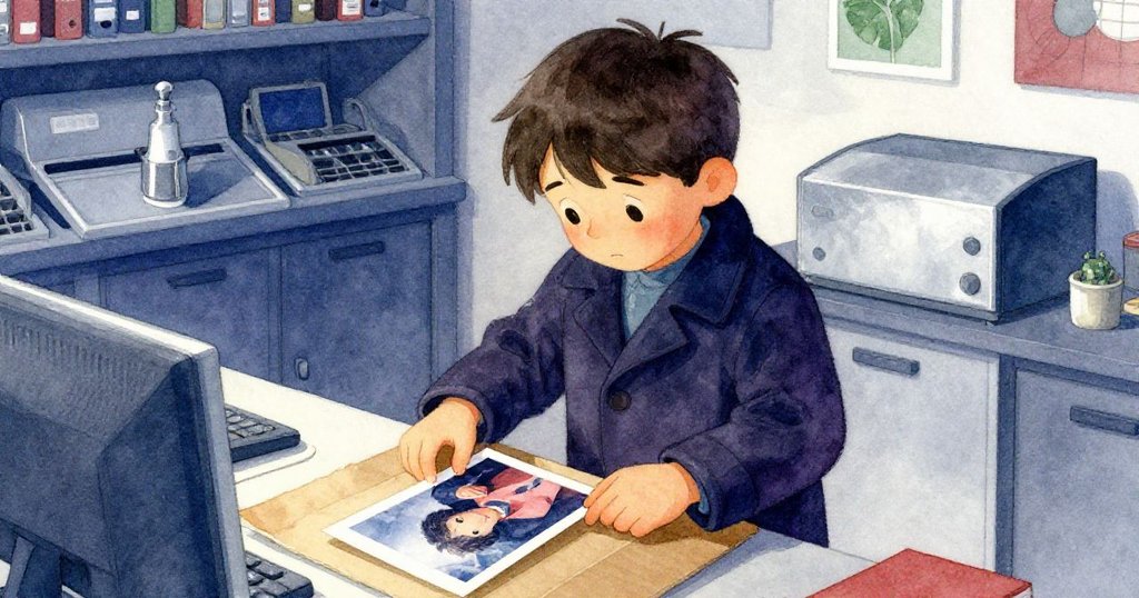 Milo 冷靜將打印影像小心夾入紙板，重新放回膠卷位置，室內微光中展露出堅定與溫柔的結局。