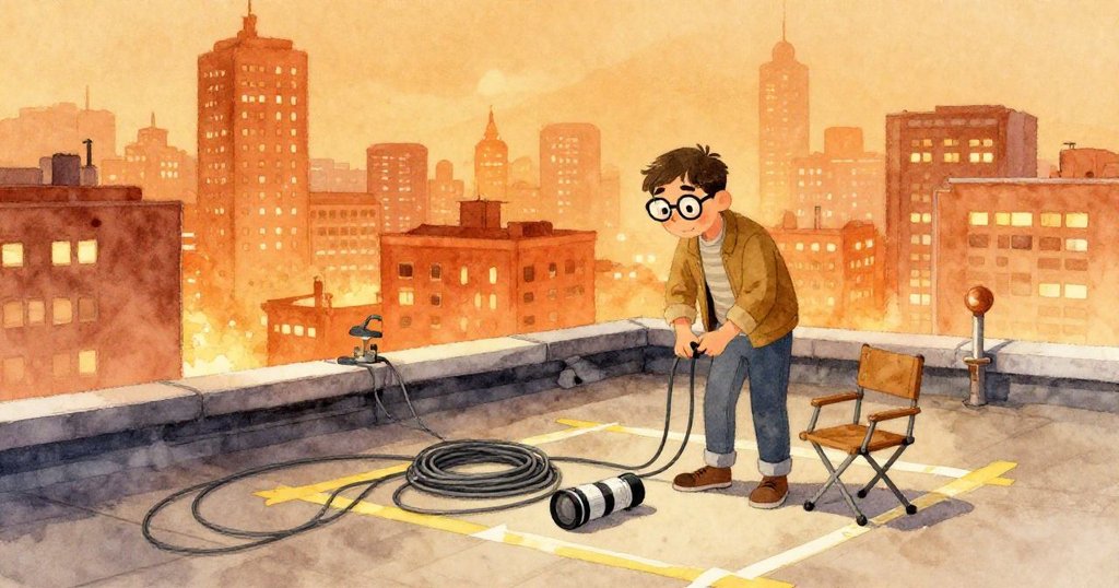 Elias在黃昏前忙碌布置屋頂,整理電纜、清潔鏡頭和擺放摺疊椅,城市燈光呈現金黃色調,充滿期待。