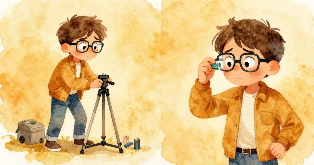 Elias一邊用書本撐穩顫抖的腳架,一邊急忙找尋備用電池,動作中流露出緊張和焦慮。