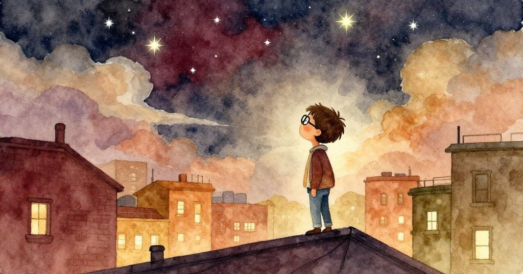 微風吹拂下雲霧逐漸散開,Elias站在屋頂上驚嘆凝視清晰閃爍的星空,夜色中充滿神秘與希望。