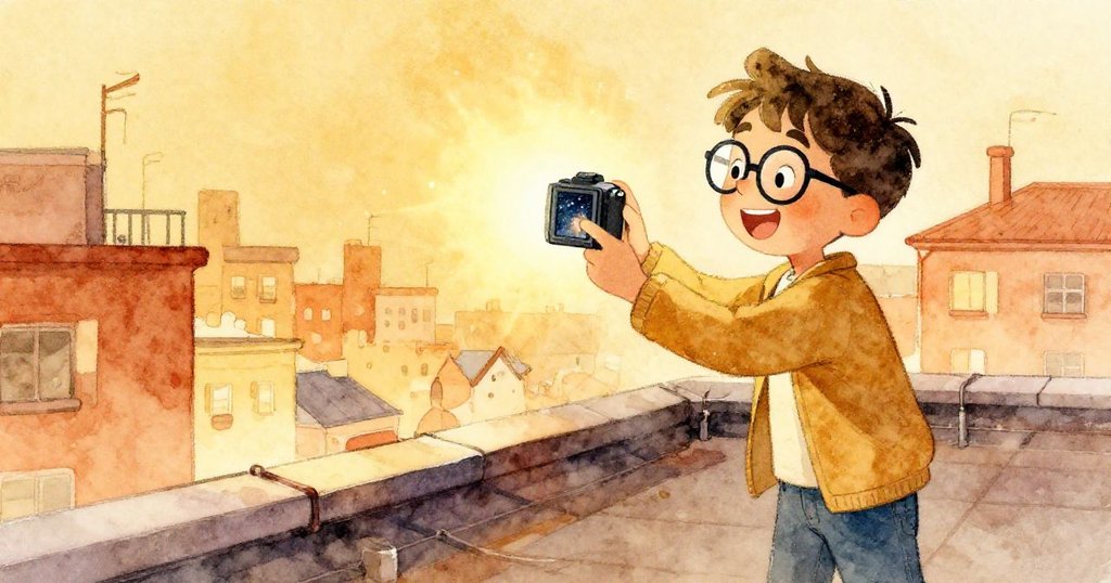 Elias臉上洋溢著成功喜悅,注視著相機屏幕上閃爍的星空,溫暖光線映照出滿足與興奮。