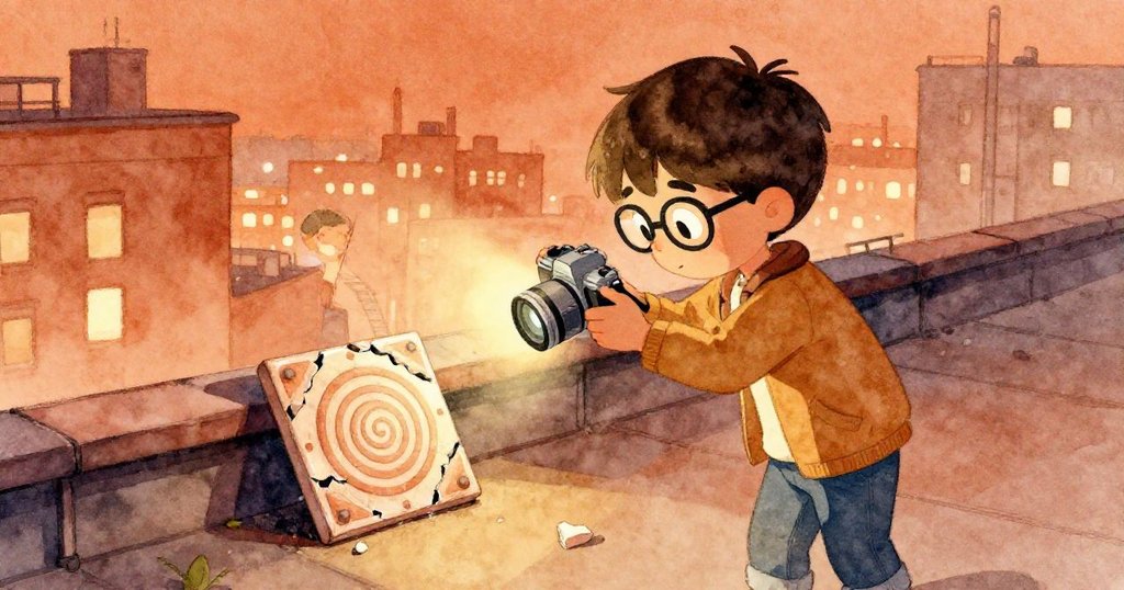 Elias將閃爍著星空的相機照片小心放置在帶螺旋印記的花園磚旁,靜思中連結天際與大地的記憶。