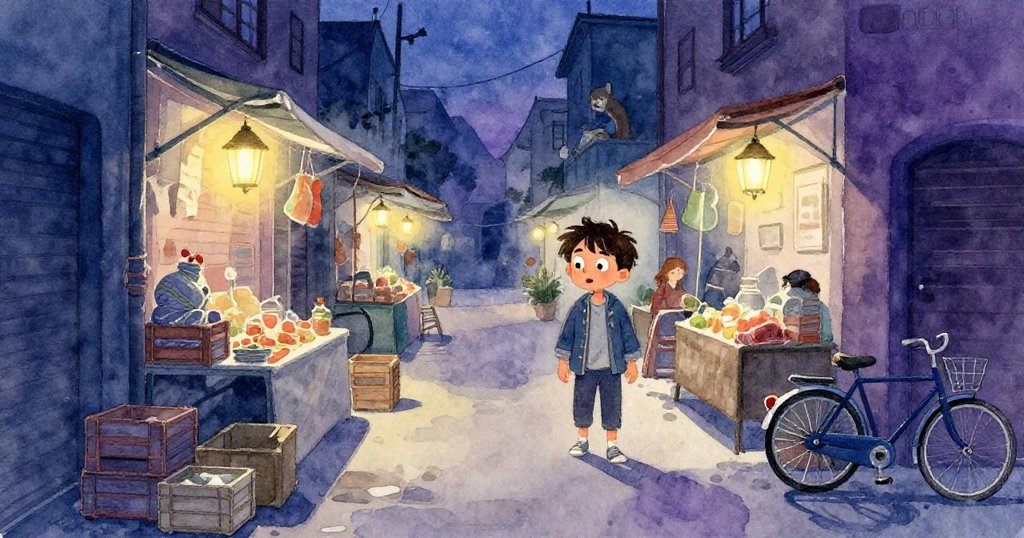 Marco在黃昏燈光下走入狹窄市集巷子，燈光閃爍、搬運箱環繞，人群熱鬧，他神情期待且好奇。