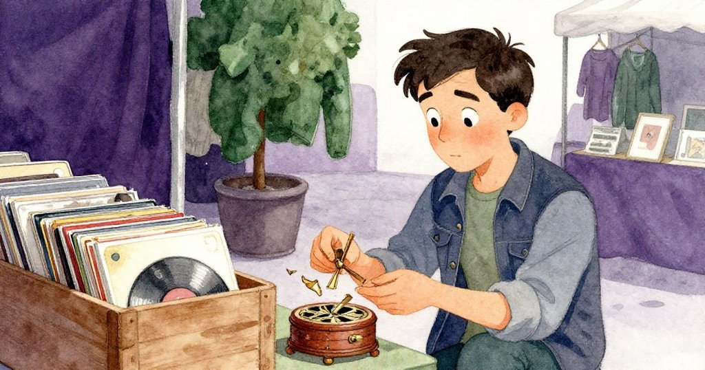 Marco手中拿著壞掉的音樂盒與年代感黑膠唱片箱並排展示，背景市集中透出懷舊氛圍，他神情專注在探索記憶。