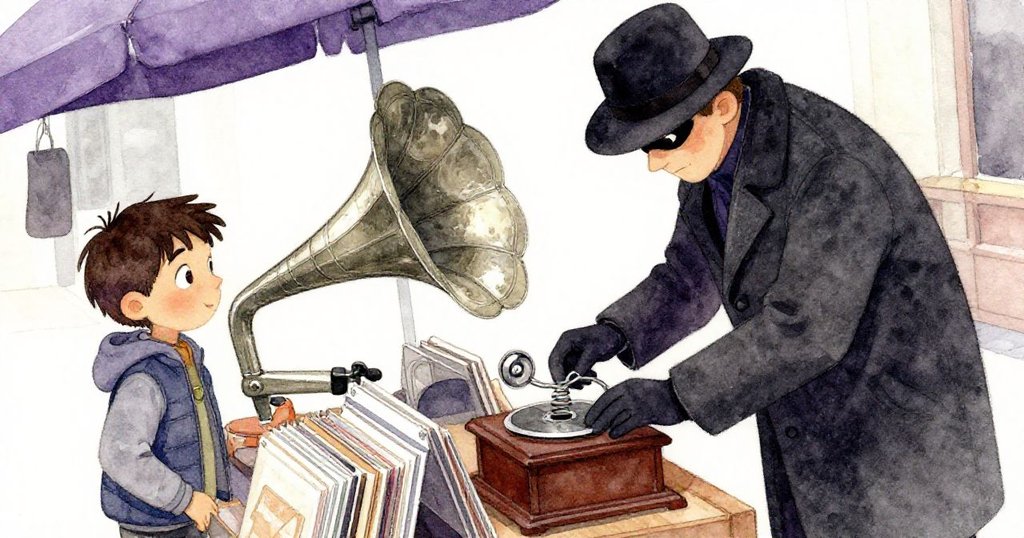 Marco凝視著錄音舖，店員身著炭灰大衣修理唱機彈簧，畫面傾斜呈現動感與神秘感。