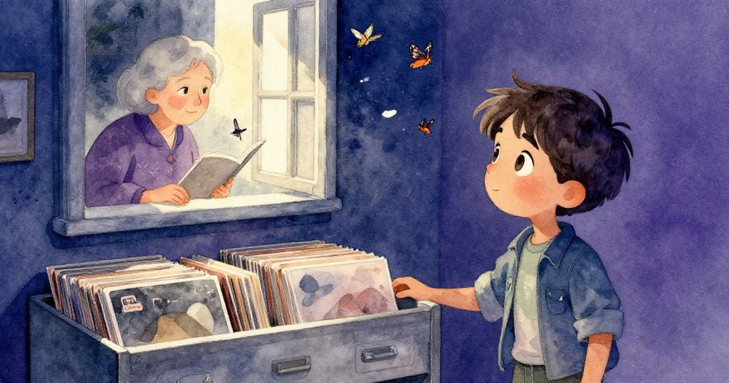 Marco聽著唱機播放，腦海浮現祖母溫柔身影與往昔記憶，畫面柔和懷舊，情感溫暖流露。