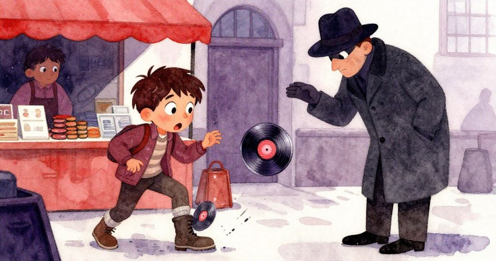 Marco的黑膠唱片從手中滑落撞擊靴子，店員停下動作，現場氣氛緊張而充滿驚訝。