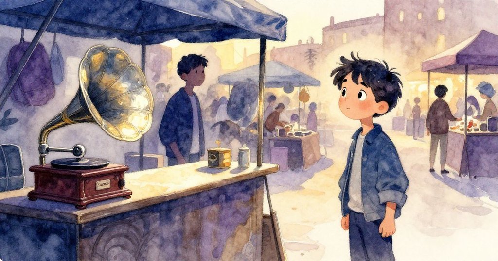 Marco在夕陽餘暉中靜默凝望空置櫃台上轉動的唱機，背景夜市燈光與人潮朦朧，情緒平靜而深遠。