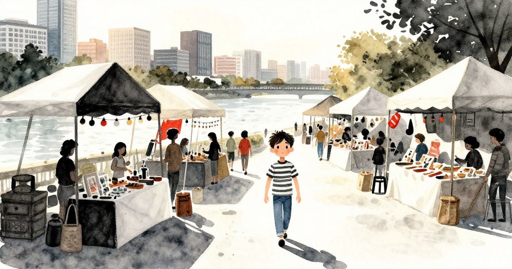 Leo走進河邊集市，金色光線灑在帳篷上，展現他充滿期待與寧靜的城市市場初入情景