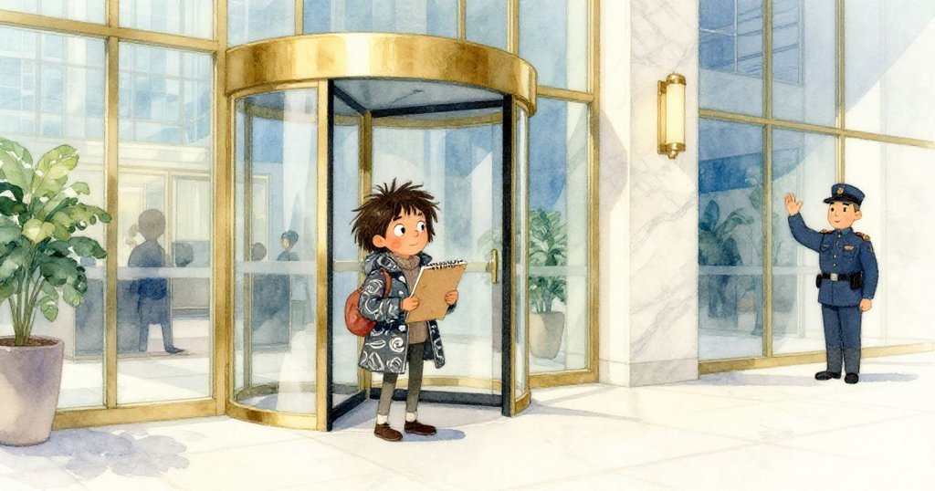 羅賓進入現代化大廳，手持畫本用力拉扯被旋轉門卡住的外套，神情專注，背景明亮現代化。