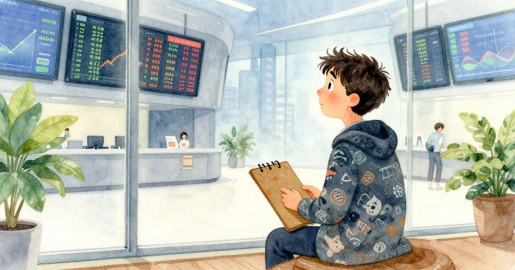 羅賓坐在大玻璃牆旁專注觀看動態市場螢幕，手持鉛筆準備捕捉轉瞬即逝的數據變化，神情專注。