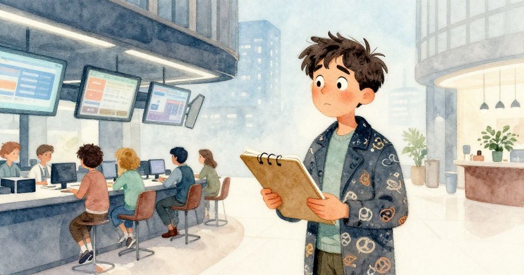 羅賓在充滿數字交易氣氛的交易大廳中停下筆，注視著突然靜止的螢幕，環境瞬間變得寧靜而奇異。