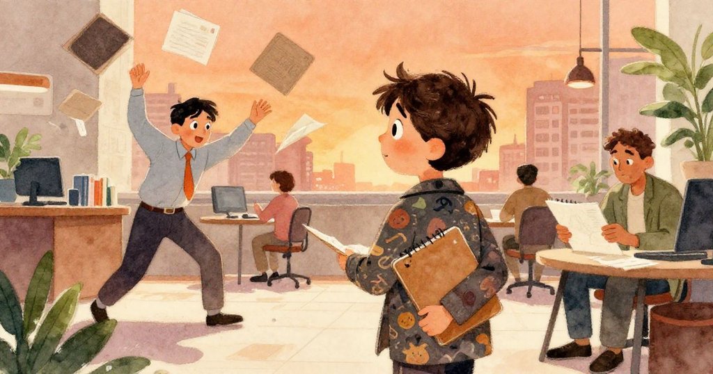 羅賓在交易大廳裡迅速轉頁繪製動作，旁邊小職員急速搶救倒落的資料夾，紙張如飛鳥般散落，充滿動感。