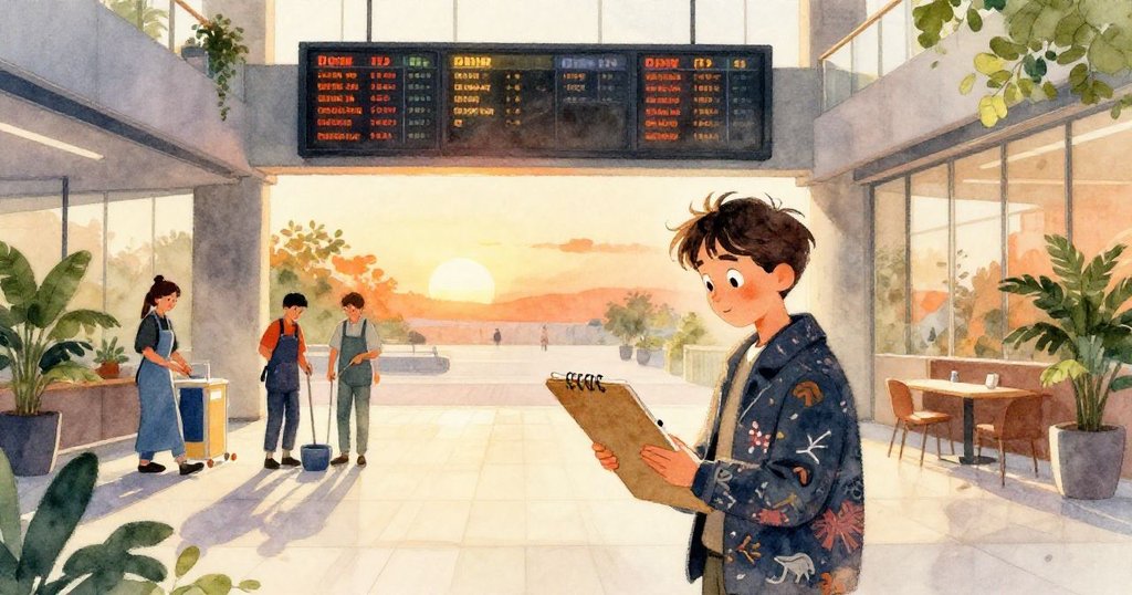 羅賓在夕陽餘暉中寧靜繪製著重拾希望的瞬間，背景中數據牆柔光閃爍，清潔人員有序整理，場景充滿恢復寧靜的溫暖氣氛。