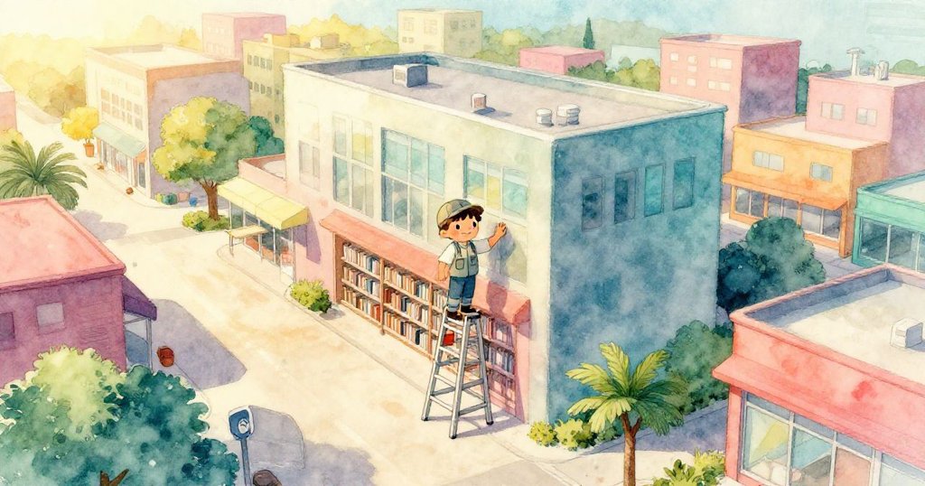 日出時，Lucas站在梯子上，於圖書館牆前忙碌，背景空置商店訴說著城市歷史，表情堅定充滿希望。