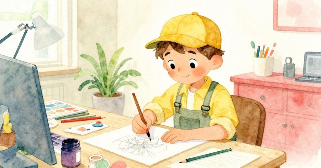 晨光中，Lucas整理著混好的顏料和草稿紙，桌面上擺放著畫筆與顏料罐，展現出他對藝術創作的用心與歷史感。