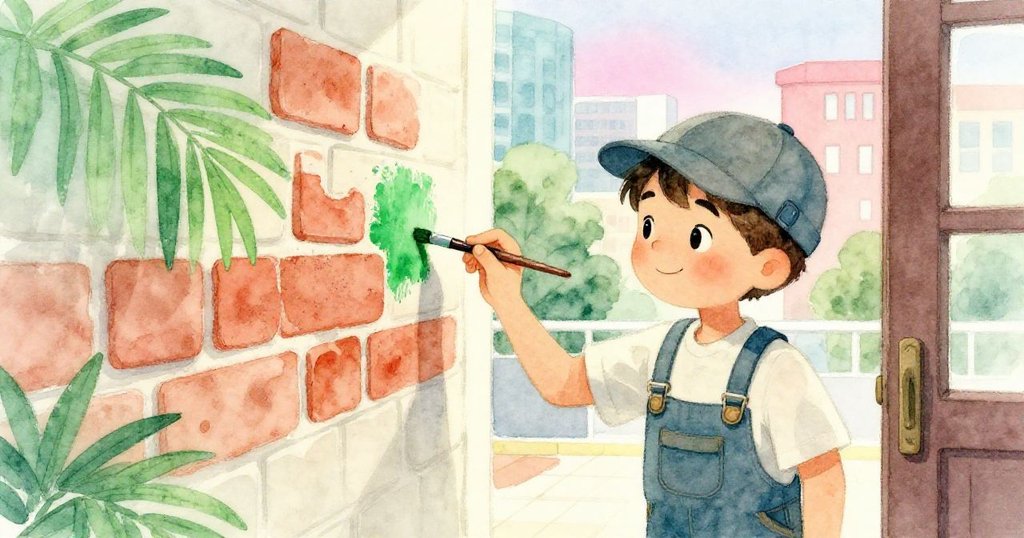 透過微掩之門，Lucas專注於圖書館牆上，用綠色筆觸與磚瓦低語，微塵飛揚呈現熱情創作。