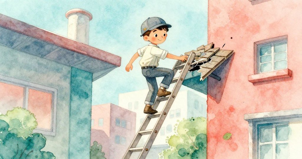 陣風中，Lucas驟然爬下搖晃的梯子，用破碎瓦片穩定身形，背景中圖書館牆與都市角落充滿急迫感。