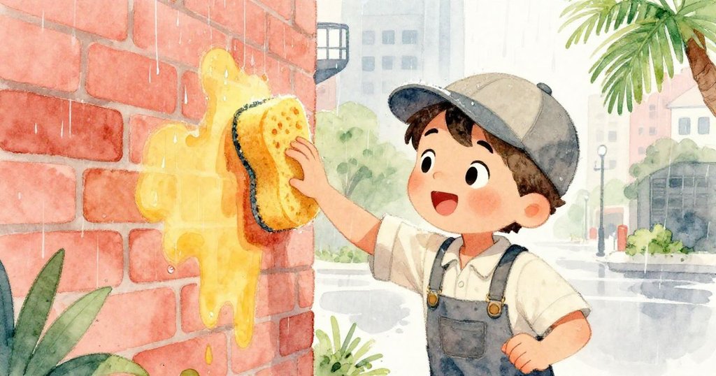 細雨中，Lucas用大海綿引導流動顏料，在圖書館牆上創造柔和弧線，驚喜表情展現藝術靈感。