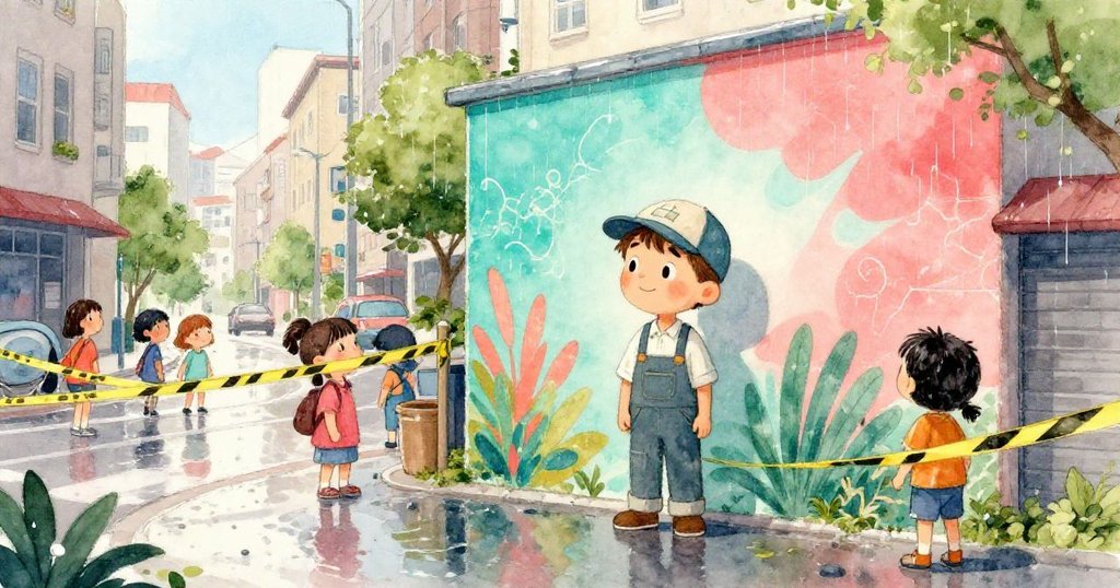 雨後晴空下，Lucas於圖書館牆前欣賞新作，行人圍繞著警戒膠帶背景，展現都市藝術交融的欣慰與快樂。