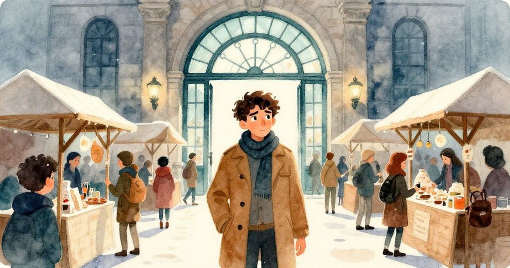 以利亞進入改建工藝市場，人群熙攘，玻璃拱門透出溫暖光影，手持摺疊清單，面露期待。