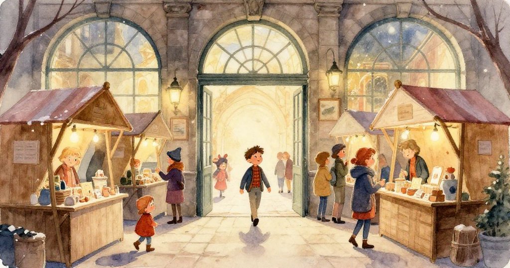 以利亞的肩背包鬆脫散出銅銀硬幣，大理石地面反射溫暖燈光，他伸手急撿，神情驚訝焦急。