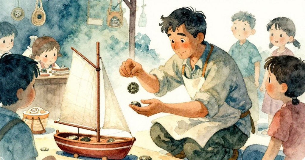 攤販蹲在玩具帆船攤位前，神秘暗色硬幣在手，顧客孩童好奇圍觀，場景層次豐富溫暖。