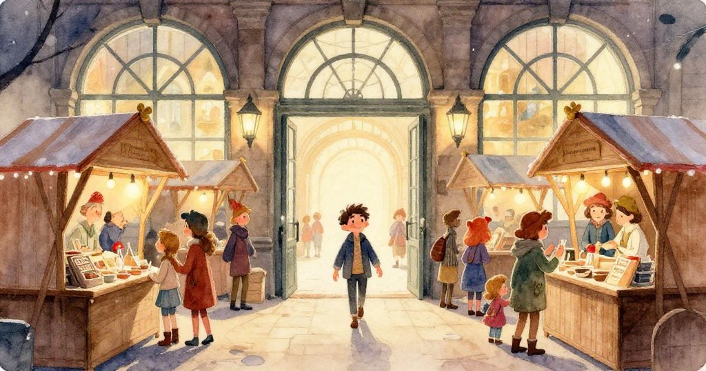 攤販在溫馨攤位內動作細膩，將暗色硬幣嵌入玩具帆船底槽，木質與金屬交輝映，神秘而精緻。