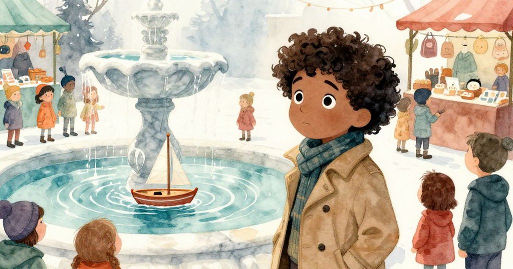 玩具帆船在大理石噴泉上優雅滑行，冬衣孩童圍觀，眼神驚奇充滿期待，鐘聲響起故事留白。