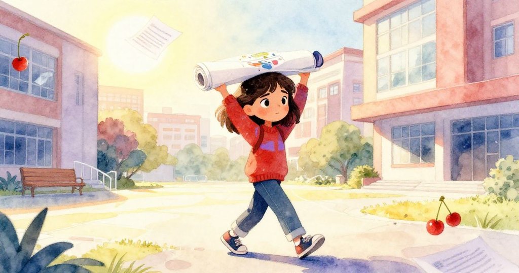 Mira 正在西brook高中的庭院中步行，手臂抱著捲起的海報，晨光中充滿決心與期待，環境現代且生動。