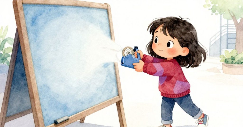 Mira 在展示板前用力貼膠帶，但膠帶斷裂，她露出短暫的沮喪，空曠背景映襯出關鍵瞬間。