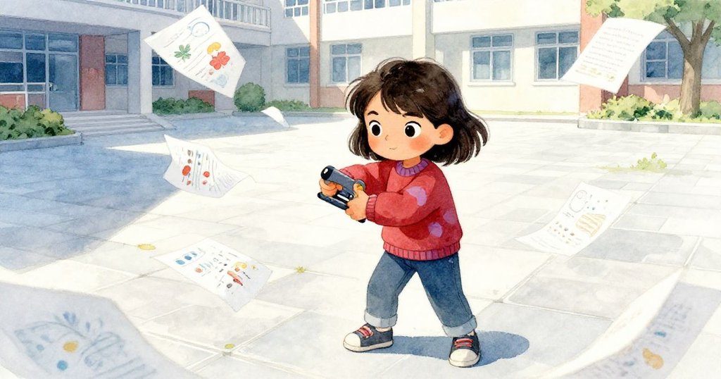 從身後看見Mira正使用借來的釘書機，散落的海報頁隨風吹起，她神情專注，背景呈現現代學校庭院。