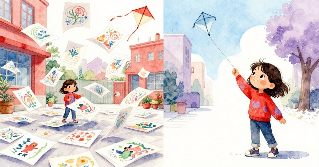 Mira面臨雙重情境，一邊是紛飛的海報頁風暴，一邊是她專注地用風箏線固定海報，展現創意與平靜。