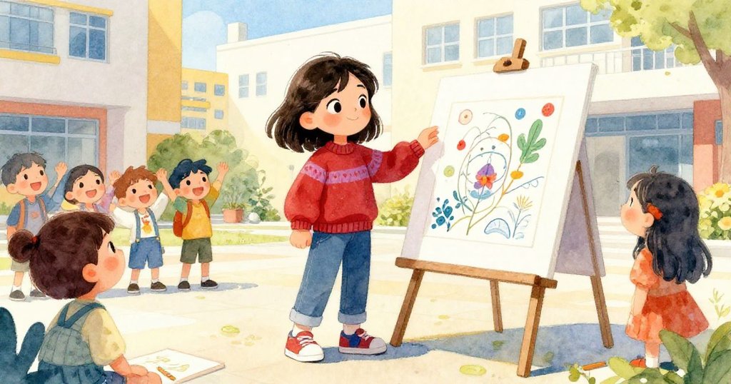 Mira 穩固海報後滿意地站立，背景中學生逐漸湧來，充滿喜悅與希望，現代校園環境明亮溫暖。