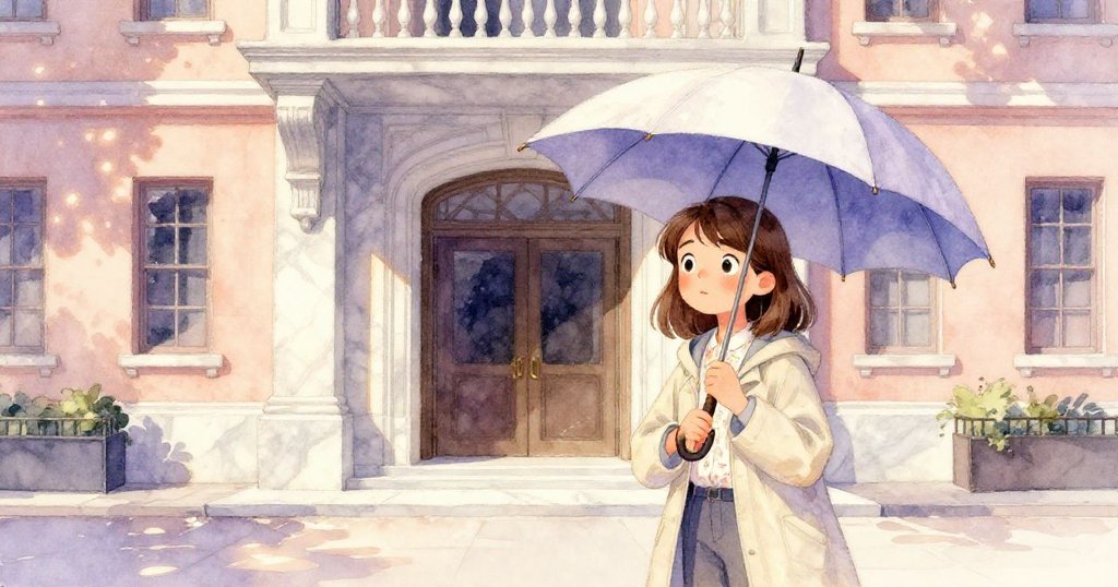 克拉拉在市政檔案館外，雨滴剛落的傘隨風輕搖，歷史建築散發柔和光芒，展現期待與活力