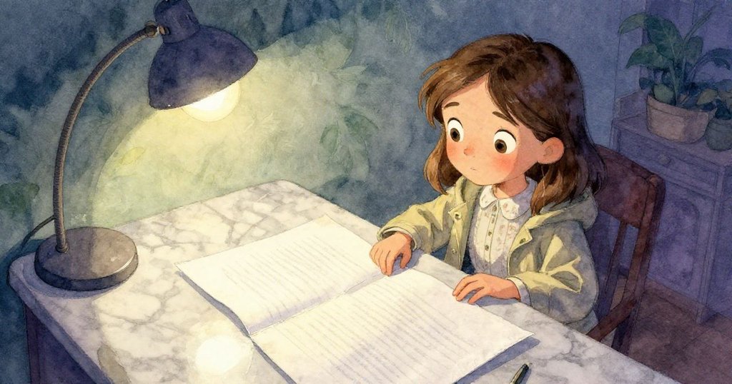 克拉拉在大理石檯上放下筆記本，燈光扭曲展示密密文字，她凝神專注，探求隱藏的家族密語