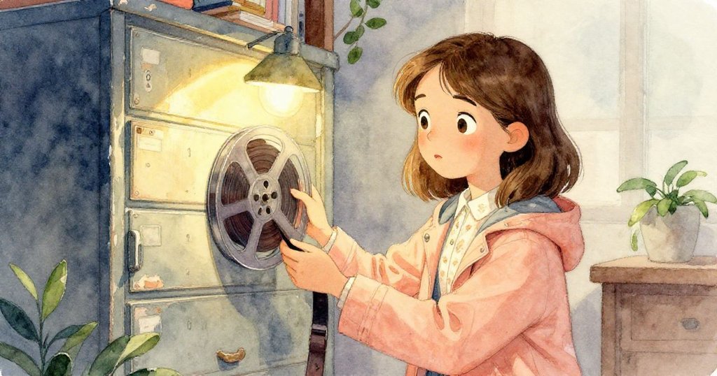 克拉拉在檔案館側室中打開風化的微縮膠卷櫃，輕握彎曲膠卷，神情專注，細膩呈現檔案秘辛