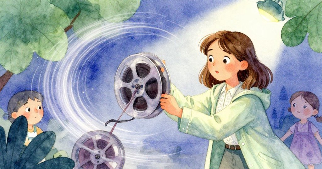 克拉拉用雙手穩住彎曲膠卷，動態軌跡展示迅捷卷動，她神情堅定，展現探索檔案奧秘的瞬間