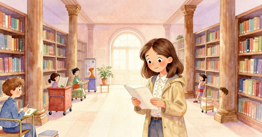 在宏大的檔案大廳中，克拉拉輕合筆記本，微笑中透露解謎後的溫情，背景展現熱鬧而溫暖的生活場景