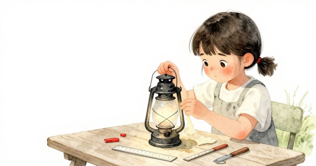 拉拉在野餐桌旁仔細檢查燈籠，米紙與刻度尺散落桌面，空白背景突顯她專注認真的工作精神。