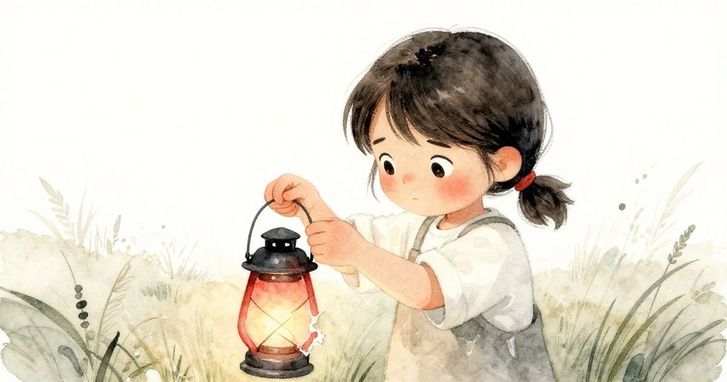 低角度視角中，拉拉在草地上用力捏住破損燈籠邊緣，臉上展現堅毅表情，夕光映衬出奮鬥氣息。