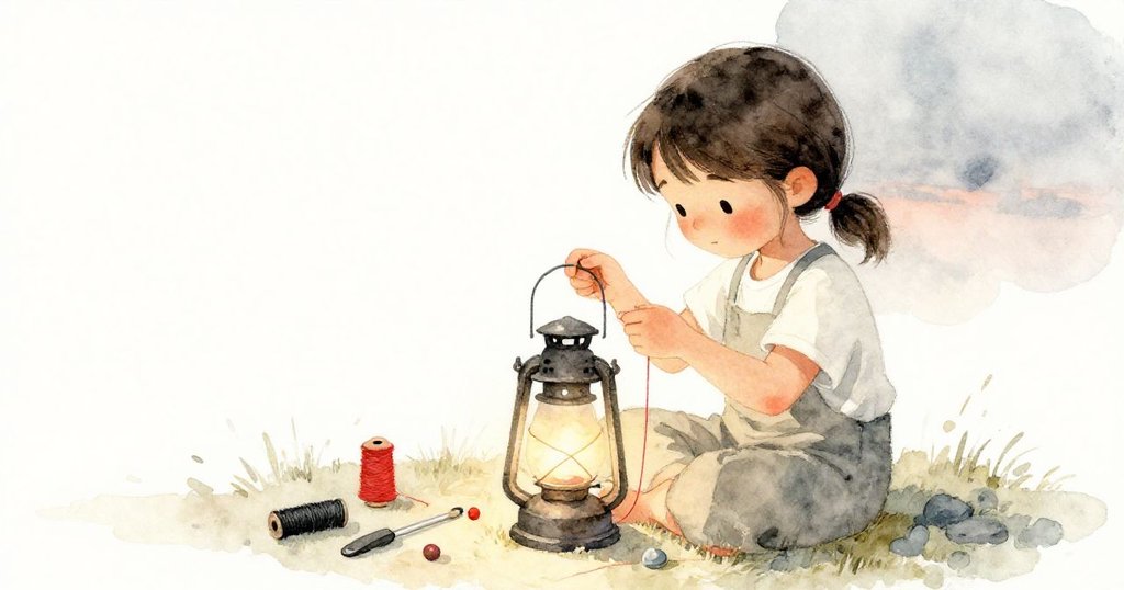 夜幕降臨，拉拉在戶外桌旁忙於重織燈籠線和調節黏土珠，光影過渡展現持續修補的堅毅精神。