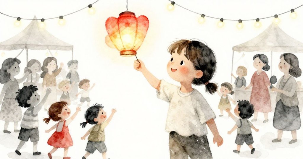 社區慶典現場，拉拉的花形燈籠升空，群眾歡呼，燈光和彩紙隨風飄動，洋溢著夢幻歡樂氣氛。