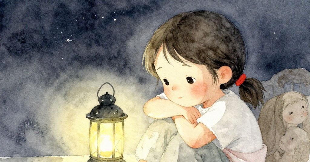 夜晚靜謐中，拉拉倚靠柔光燈籠休息，臉上滿是平靜滿足，星空為背景，映襯出溫馨與安心情感。