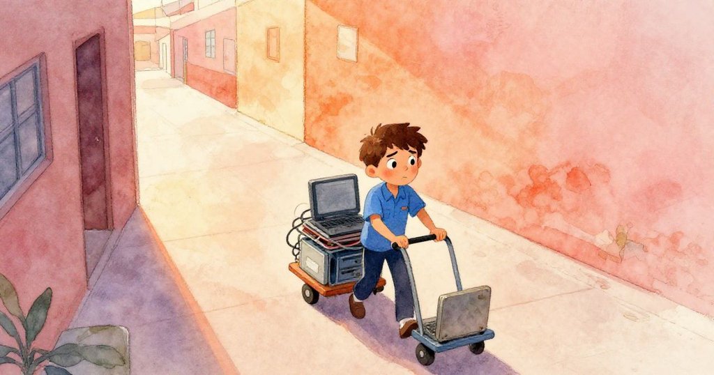 朱利安在校園走廊中推著滿載舊筆記本與纏繞電纜的手推車，燈光溫暖，充滿期待啟程，展現開始旅程。