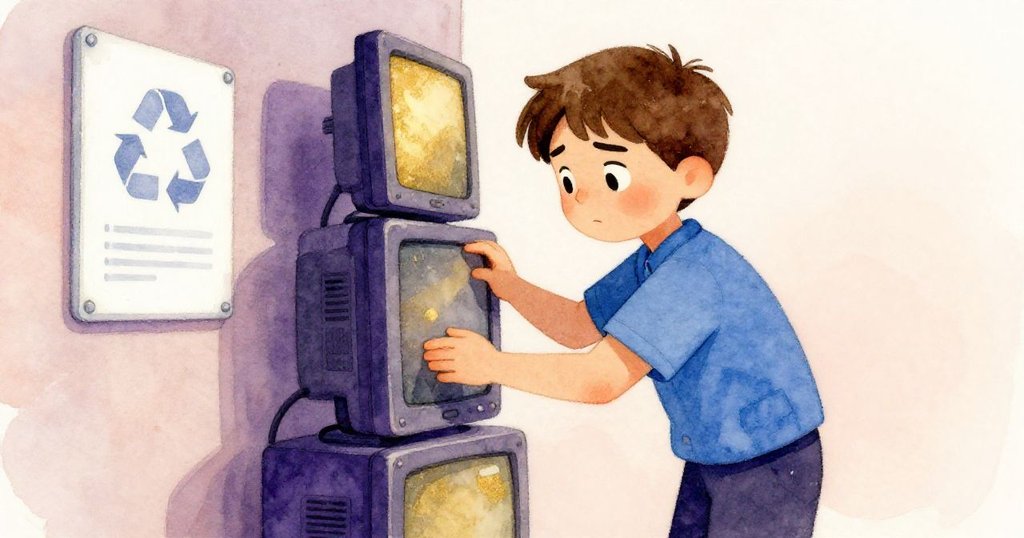 朱利安認真地將顯示器從手推車上卸下，堆放於牆邊，背景告示散發科技感，展現任務中調整步伐。