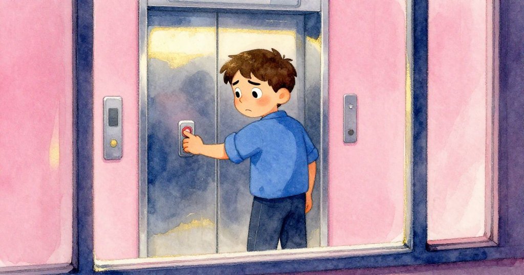 朱利安透過玻璃注視狹縫開啟的電梯門，輕按按鈕流露擔憂，展示現代建築中小小的挫折。