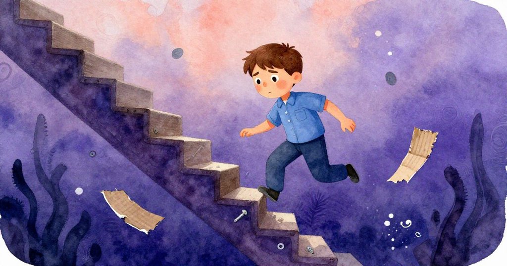 朱利安奮力推著手推車下樓梯，破裂紙箱散放螺絲宛如漂浮水中，展現困境中浪漫的奇異氛圍。