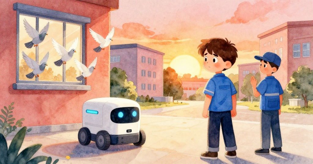 因螺絲掉落驚擾鴿群，窗外鴿子紛飛，機器人與快遞員齊齊停下，形成連鎖反應，場景生動。